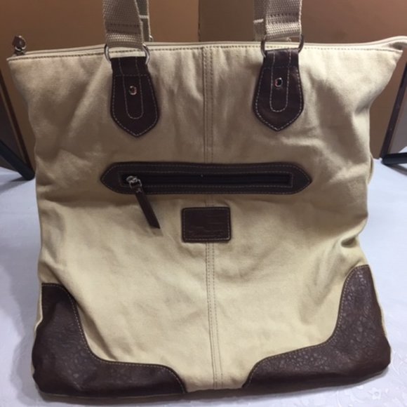 American Eagle Rugged Canvas Leather Zip Tote Shoulder Handbag 15"x14.5" - Picture 5 of 16